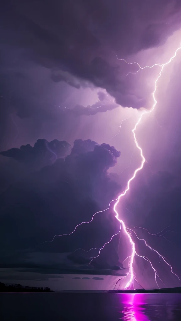 purple lightning streaks over a body of water under a cloudy sky, dramatic purple thunders, pink lightning, pink storm clouds, magenta lighting. fantasy, purple lightning, beautiful lightning, dramatic pink light, purple. ambient lightning, lightning clouds, beatifull lightning, amazing lightning, exquisite lightning, epic clouds and lighting, lightning storms, pink lighting, dramatic lightening