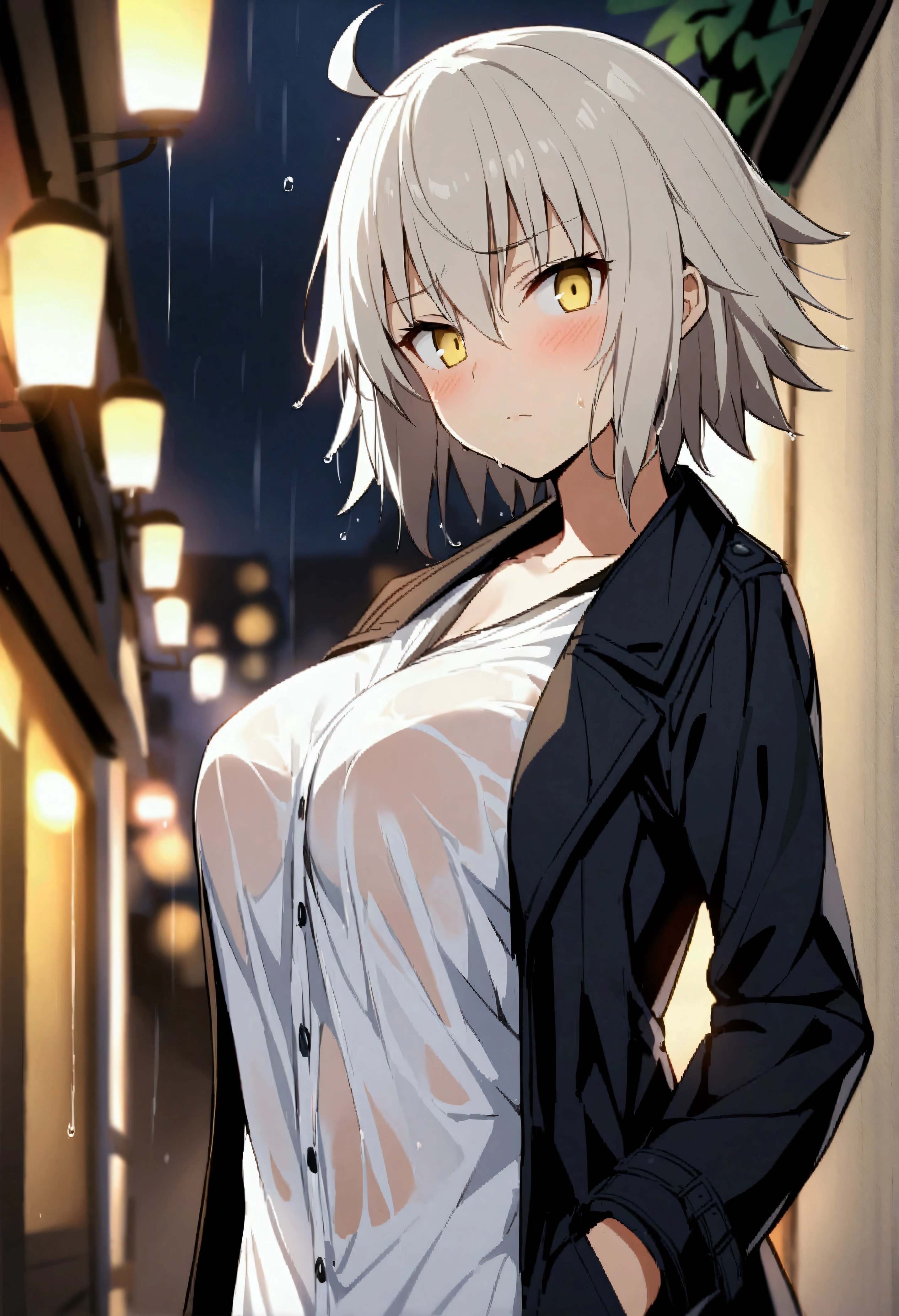 Twi、One girl、Jeanne d'Arc Alter (Fate)、chest、Yellow Eyes、Wet、solo、Jeanne d'Arc Alter (Avenger) (Fate)、rain、Ahoge、Short Hair、blush、coat、Watching the viewer、night、Wet clothes、Grey Hair、Outdoor、Big Breasts、From the side、黒いcoat、Blurred Background、blurred、Long sleeve、Wet Hair、大きなchest、Closed Mouth、Hand in pocket