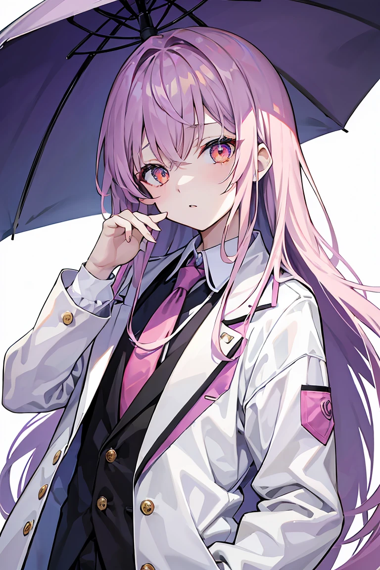 Orange eyes、Hair color、Mainly pale purple、Place々It has deep purple and pink highlights.。Depending on the light、There is a subtle gradation in the color。、Long Hair、upper body perspective、Just standing、暗い場Placeで雨が降っている背景、White coat like a scientist、Looking down with cold eyes、Hold an umbrella