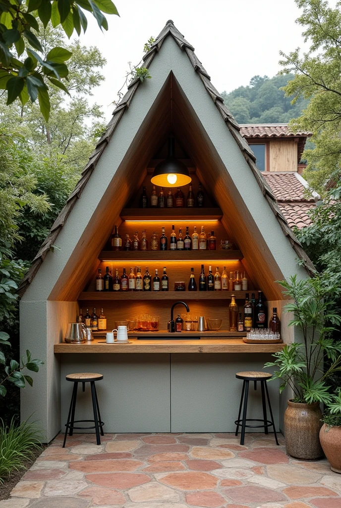 You create me a mini bar of the Italian restaurant, remember it's made of concrete, Hardwood roof and clay tiles, I want something eco-friendly but cute, It is a triangular portico