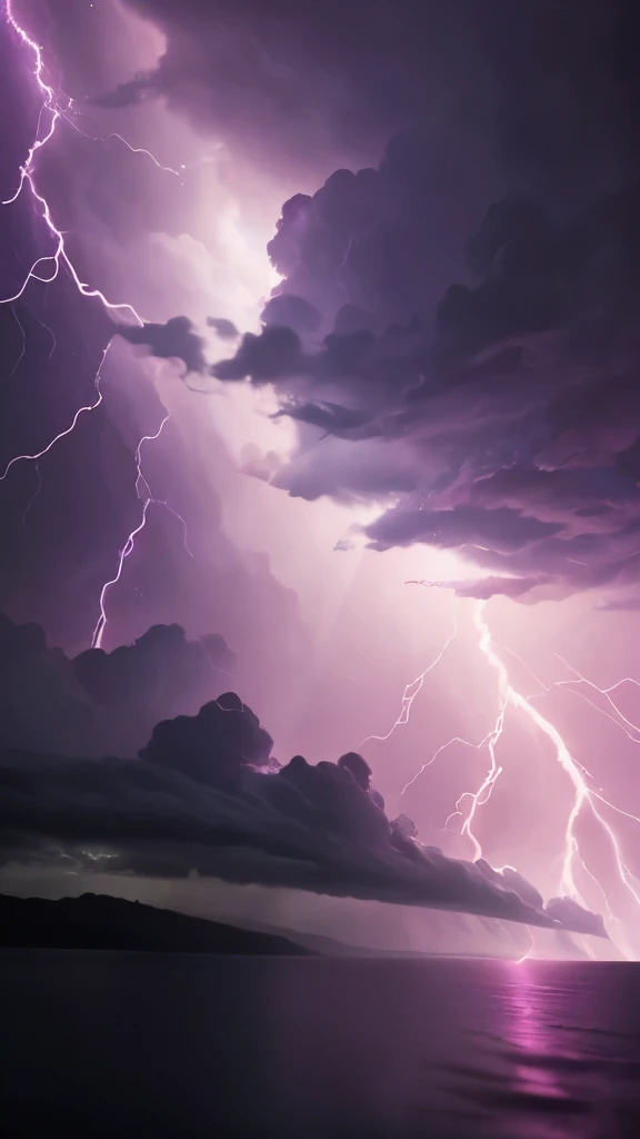 purple lightning streaks over a body of water under a cloudy sky, dramatic purple thunders, pink lightning, pink storm clouds, magenta lighting. fantasy, purple lightning, beautiful lightning, dramatic pink light, purple. ambient lightning, lightning clouds, beatifull lightning, amazing lightning, exquisite lightning, epic clouds and lighting, lightning storms, pink lighting, dramatic lightening