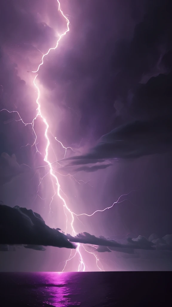 purple lightning streaks over a body of water under a cloudy sky, dramatic purple thunders, pink lightning, pink storm clouds, magenta lighting. fantasy, purple lightning, beautiful lightning, dramatic pink light, purple. ambient lightning, lightning clouds, beatifull lightning, amazing lightning, exquisite lightning, epic clouds and lighting, lightning storms, pink lighting, dramatic lightening
