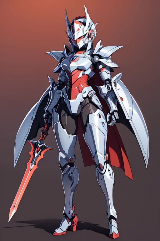 Anime Art、Full body portrait、Fantasy world iron knight robot、Plain background、A female robot with steel-colored skin and a mechanical face, about 165 cm tall, holding a sword and shield、Red visor-shaped camera eye、machine-like face、Armor in the shape of a kimono