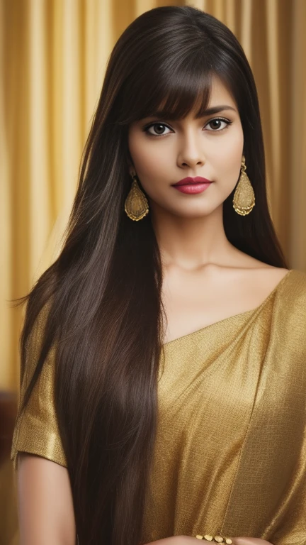 Cinematic ultra HD, hyper realistic full body portrait: 1.4, A 30 years old beautiful Indian woman with long dark brown hair and bangs, Masterpiece: 1.4, Stunning 30-year-old Indian woman, Ultra HD, Realistic, Full body image, Long dark brown hair with bangs, Sharp facial features, Deep golden dress with clinging neckline, Exquisite gold jewelry: necklace and earrings, Serious expression, Highlighted features, Textured hair, Elegant and charming, Cinematic lighting, Intense focus on the subject.