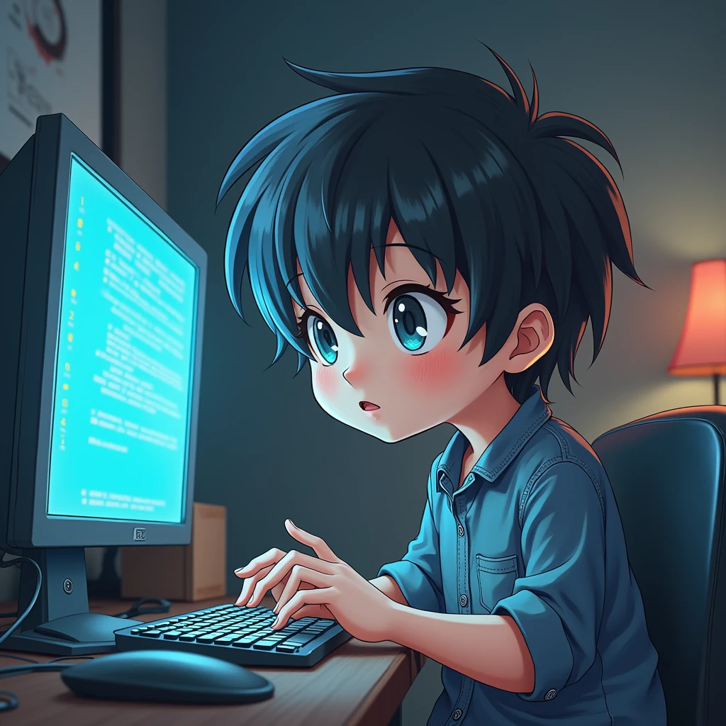 (Highest quality,Extremely detailed depiction,Incredible high resolution),A cute boy、mascot、Analyst、computer