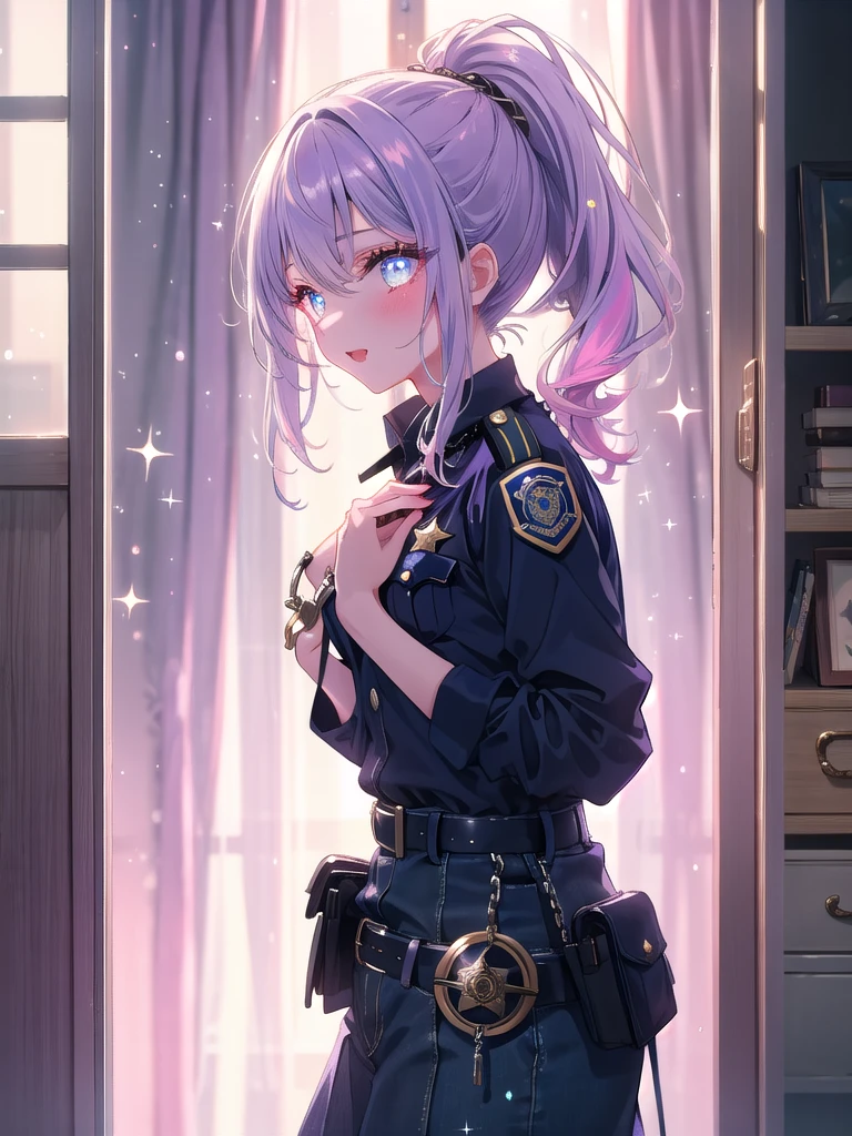 ((8k, Highest quality, masterpiece: 1.3)),Ultra-high resolution,(1 girl, alone), (Color changing eyes, Ultra-detailed, Expressive brilliance, Glitter, Glowing Eyes), Highly detailed eyes, Highly detailed face, Random Hair, ((pastel colour)),A playful young woman with pastel lavender hair styled into a high ponytail, standing near her closet in her stylish bedroom during the late afternoon. She is dressed in a sexy police officer cosplay, wearing a tight navy blue uniform, a badge pinned to her chest, and a pair of handcuffs hanging from her belt. The camera captures her from a side angle as she playfully twirls the handcuffs around her finger, her expression confident and teasing. The room is filled with warm, natural light, with a full-length mirror reflecting her figure, and a few scattered clothes adding to the casual yet seductive atmosphere,(nsfw:1.2)