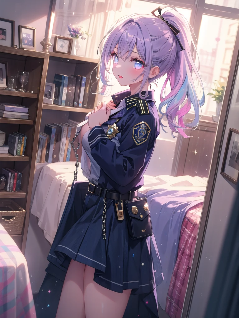((8k, Highest quality, masterpiece: 1.3)),Ultra-high resolution,(1 girl, alone), (Color changing eyes, Ultra-detailed, Expressive brilliance, Glitter, Glowing Eyes), Highly detailed eyes, Highly detailed face, Random Hair, ((pastel colour)),A playful young woman with pastel lavender hair styled into a high ponytail, standing near her closet in her stylish bedroom during the late afternoon. She is dressed in a sexy police officer cosplay, wearing a tight navy blue uniform, a badge pinned to her chest, and a pair of handcuffs hanging from her belt. The camera captures her from a side angle as she playfully twirls the handcuffs around her finger, her expression confident and teasing. The room is filled with warm, natural light, with a full-length mirror reflecting her figure, and a few scattered clothes adding to the casual yet seductive atmosphere,(nsfw:1.2)