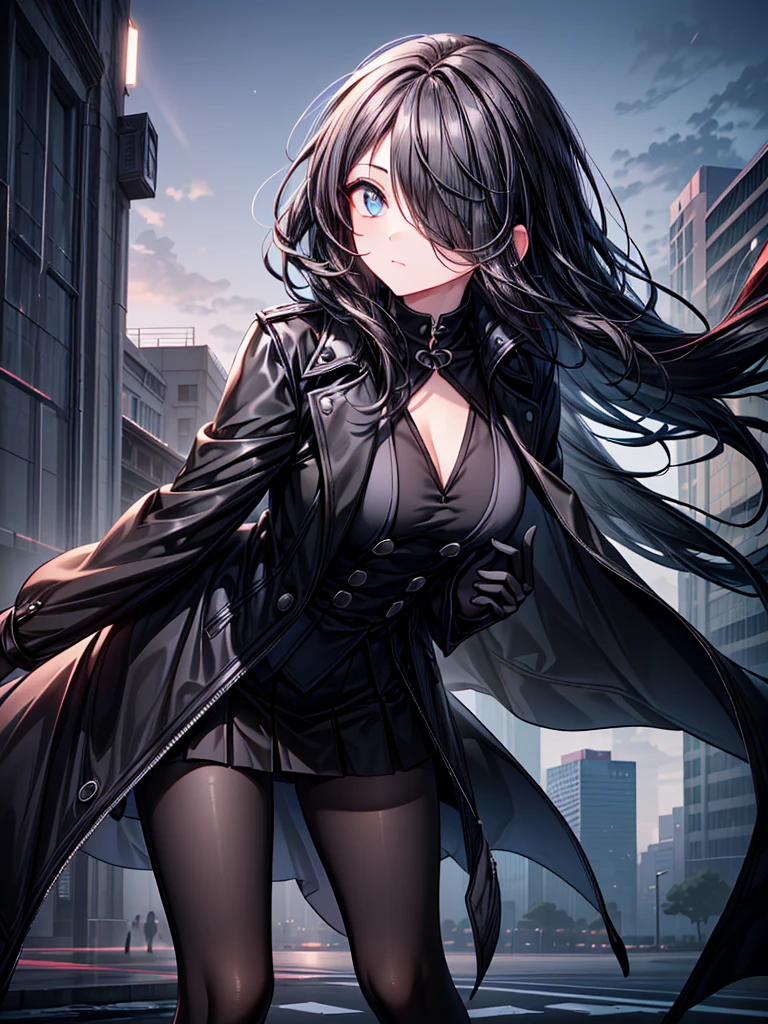 ((Oriental Project)),((masterpiece)),((leaning forward)),((Highest quality)),((Fascinating)),((alone)),((Deep blue pupils)),((Looking up at the ht view from the top of the hill)),((Beautiful Blue Eyes)),((Wearing a black coat)),((Black mini skirt)),(((Wearing black tights))),((Slim body)),((length, Shiny black hair)),((Her left eye is completely hidden by her bangs)),((Her hair is parted, and you can see her eyes through it)),((Wearing black gloves)),((hair over one eye,long hair)),((Ruthless)),((Complex background)),((Hair blowing in the wind))