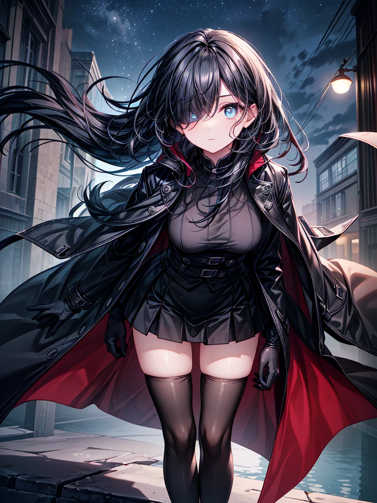 ((Oriental Project)),((masterpiece)),((leaning forward)),((Highest quality)),((Fascinating)),((alone)),((Deep blue pupils)),((Looking up at the night view from the top of the hill)),((Beautiful Blue Eyes)),((Wearing a black coat)),((Black mini skirt)),(((Wearing black tights))),((Slim body)),((length, Shiny black hair)),((Her left eye is completely hidden by her bangs)),((Her hair is parted, and you can see her eyes through it)),((Wearing black gloves)),((hair over one eye,long hair)),((Ruthless)),((Complex background)),((Hair blowing in the wind))