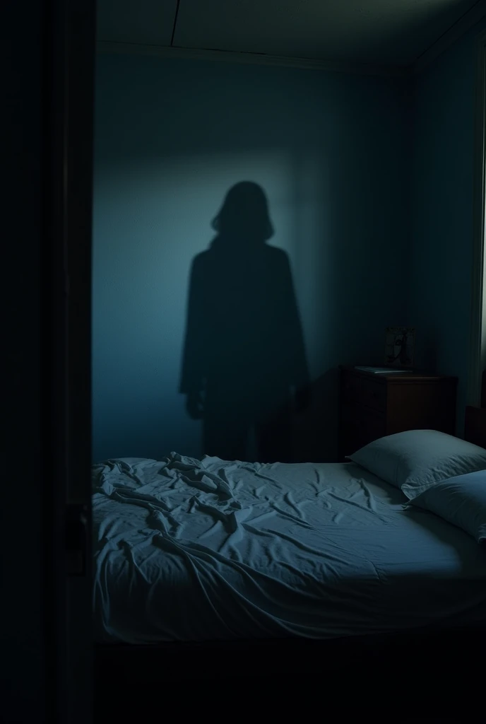 Show a dark bedroom scene with a mysterious figure in the background]
