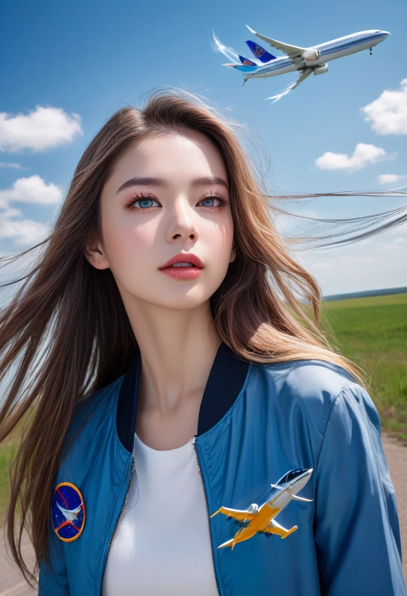 a young girl looking up at airplane trails, blue sky, long airplane trails stretching straight, her long hair blowing in the wind, professional lighting, professional camera, detailed portrait, beautiful detailed eyes, beautiful detailed lips, extremely detailed face, cinematic lighting, photorealistic, highly detailed, 8k, vibrant colors, natural outdoor lighting, natural landscape, serene, peaceful, magical atmosphere, dreamlike, awe-inspiring