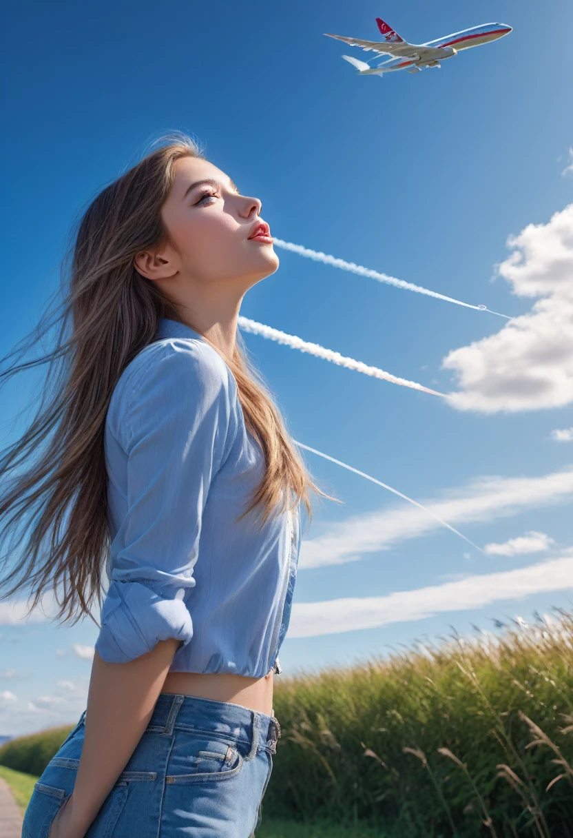 a young girl looking up at airplane trails, blue sky, long airplane trails stretching straight, her long hair blowing in the wind, professional lighting, professional camera, detailed portrait, beautiful detailed eyes, beautiful detailed lips, extremely detailed face, cinematic lighting, photorealistic, highly detailed, 8k, vibrant colors, natural outdoor lighting, natural landscape, serene, peaceful, magical atmosphere, dreamlike, awe-inspiring