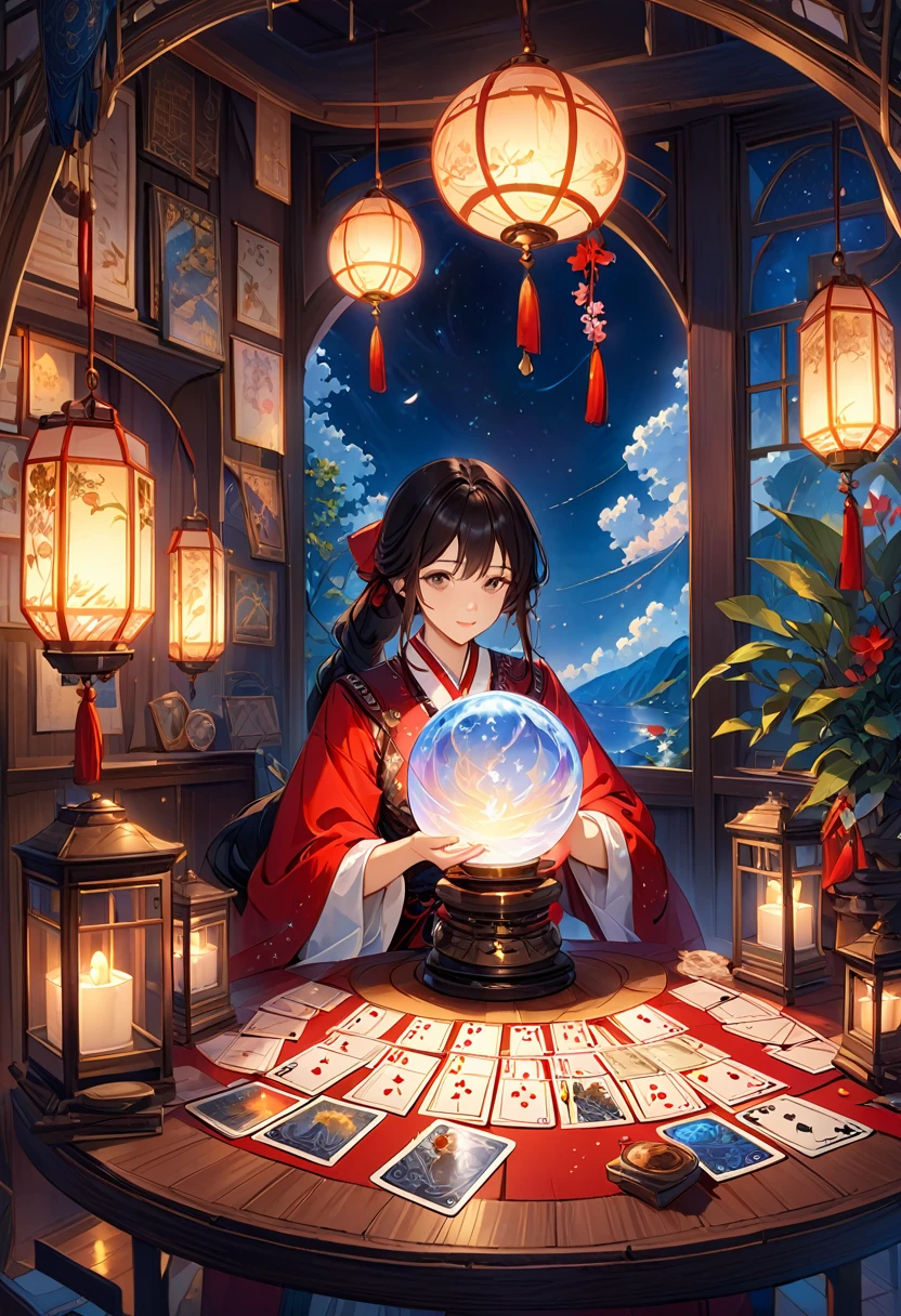 美しく神秘的なfortune teller,Compact and fun environment. ケープを羽織ったfortune teller, Delicate facial features. Facing forward.
The scene is dim, Create an atmosphere of uncertainty and expectation. テーブルに座るfortune teller, Tarot Cardsで飾られた, Crystal Ball, Tarot Cards. The table is surrounded by candles, Creates a mysterious atmosphere.
The lighting in the room was dim, casting seductive shadows,Enhance the mystical atmosphere. Tarot Cardsを持っているfortune teller, Observing Signs to Gain Insight into the Future.
The overall artwork must be of the highest quality, 解像度は4KAlsoは8Kです. The level of detail must be extremely detailed and realistic, Almost photorealism.
Artistic style should reflect official aesthetics, Bright colors,Strong contrast. The color tone is、The mystical and mystical theme of the artwork must be emphasized。.
fortune teller'The cape has an intricate pattern, Metal frame with thickness ratio of 1.5. Also, A decorative border of roses should be incorporated into the piece..
The scene must have a magical feel to it., Like a night sky full of stars. fortune teller'Facial expressions should convey mystery and curiosity..