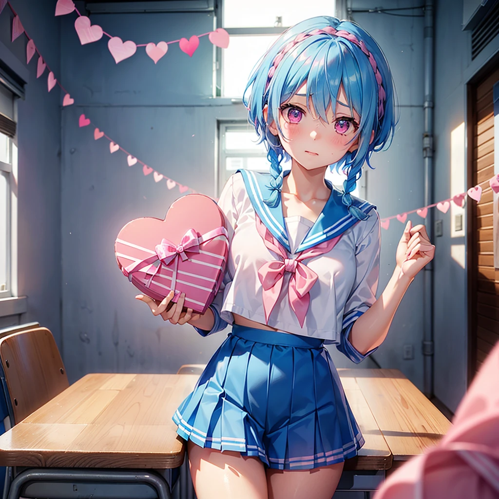 (Sky blue hair),(Braided short hair), (Pink Eyes),Fair skin) ,(whole body),(One Girl),(Embarrassed),(The background is a school classroom),(Heart-shaped chocolate),(Put your hands in front of you),(Sailor suit),(valentine&#39;s day),(masterpiece, Highest quality, Very detailed, Best Shadow), (Detailed Background), (Beautifully detailed face), High Contrast, (Best lighting, Very delicate and beautiful), ((Cinematic Light)), Hyper Detail,8k, Dramatic Light, Intricate details,High quality