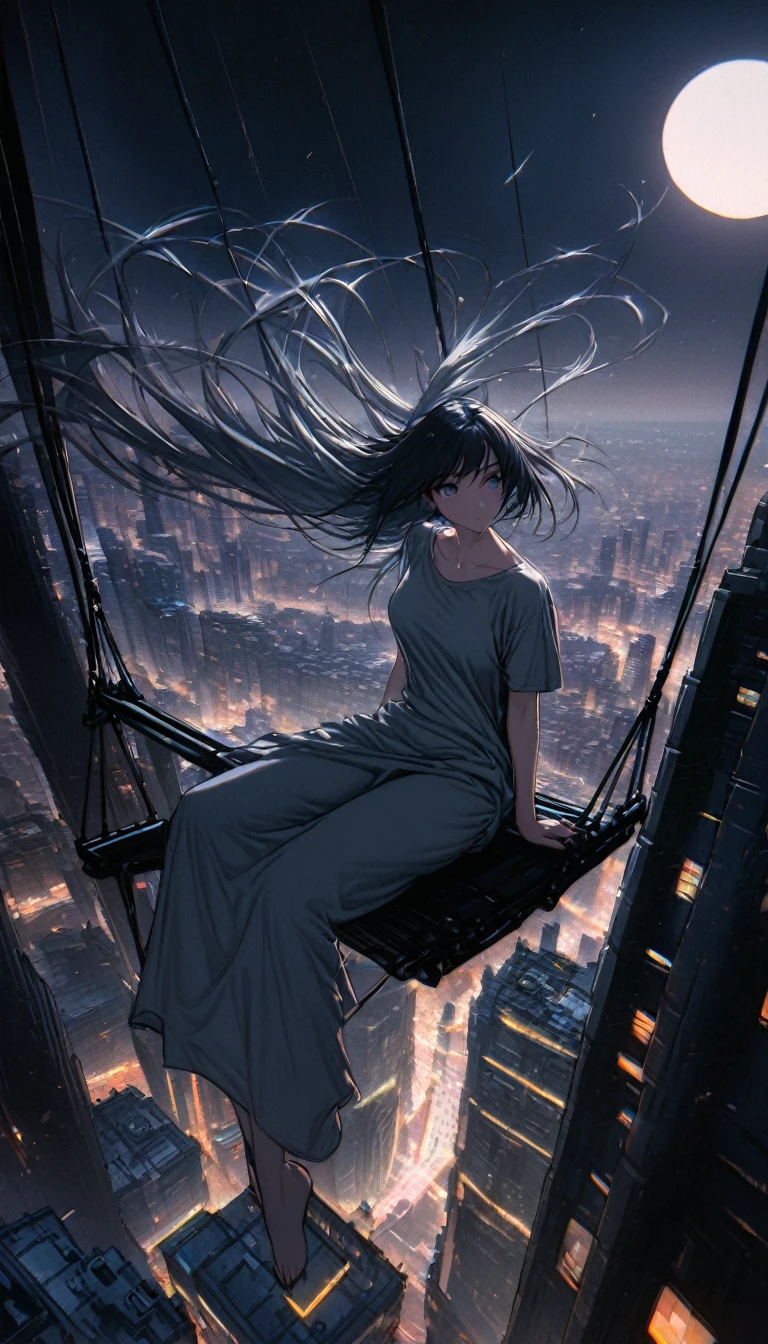 Highest quality, Super Fine, 16K, Incredibly absurd, Very detailed, Beautiful woman sitting on a trapeze suspended between two skyscrapers, Gazing into the distance, Wear a loose long T-shirt, Captivating look, Wind, Wind-effect, moonlit nightscape, (Nice views:1.1) , Clockpunk