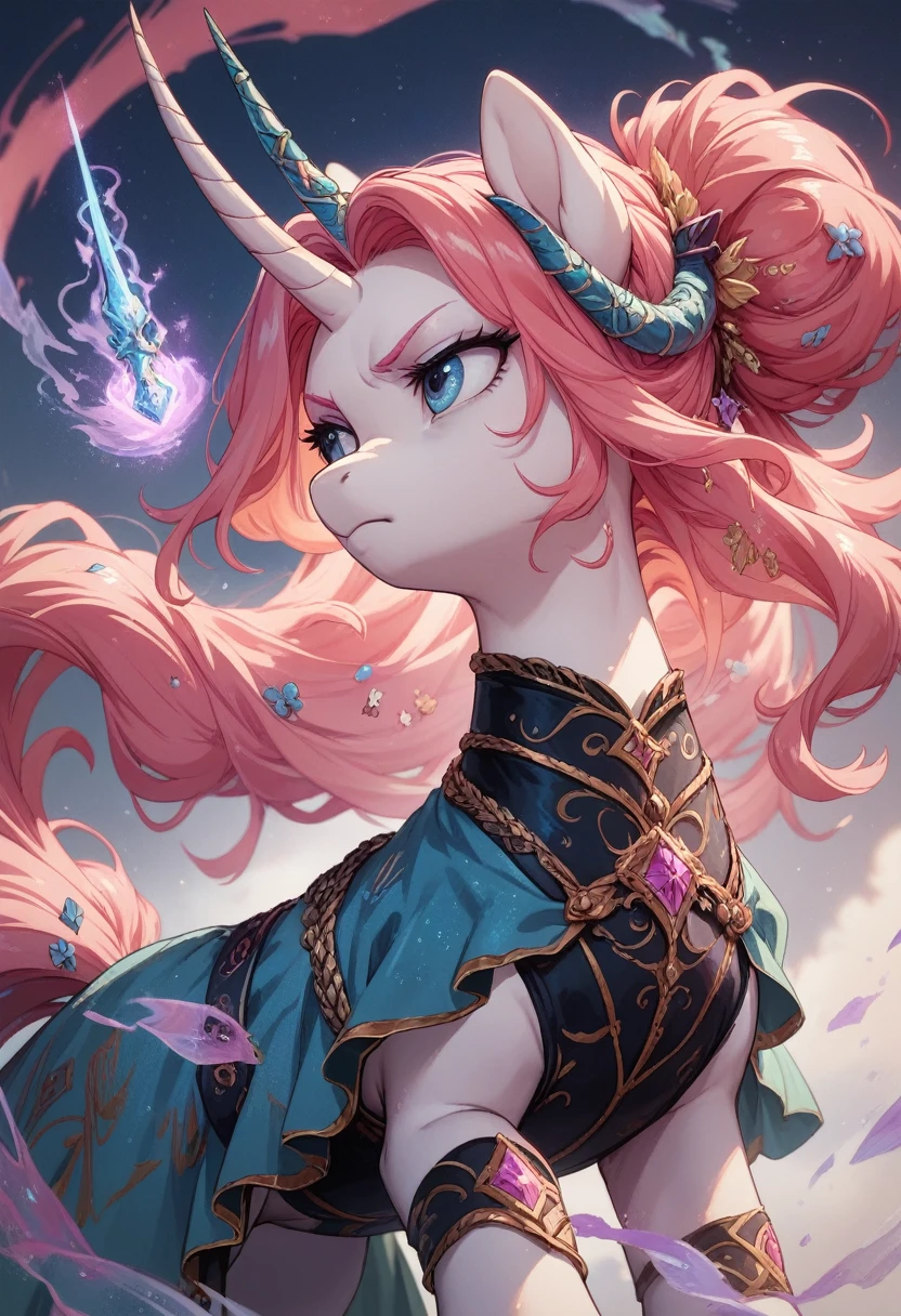 Pony Unicorn,Two ponies fighting. It's dark. curved horn, unusual magical traces. Beautiful clothes. Serious face. Elongated body. Any distinction. Magic. Mixing colors. Accessories are new.