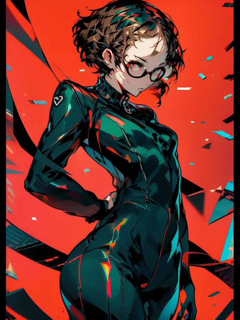 ((chibi)), big head, focus face, in the art style of persona5, (masterpiece:1.2, highest quality), (Realistic, photoRealistic:1.4), Beautiful illustrations, (Natural Side Lighting, Cinema Lighting), Written boundary depth, Beautiful thighs staring at the viewer, 1 female, 20-year-old, alone, thin, slender, (small breasts), short Hair, curly Hair, Forehead, Forehead, Forehead, Forehead, thin, slender, glasses, ((wearing a leather catsuit)), Are standing, (((glasses))), ((Close-up)), ((Close-up)), ((Close-up))