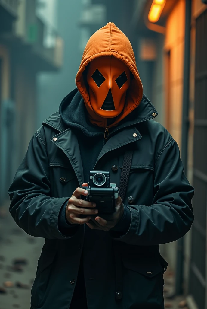 Man with orange mask making a video