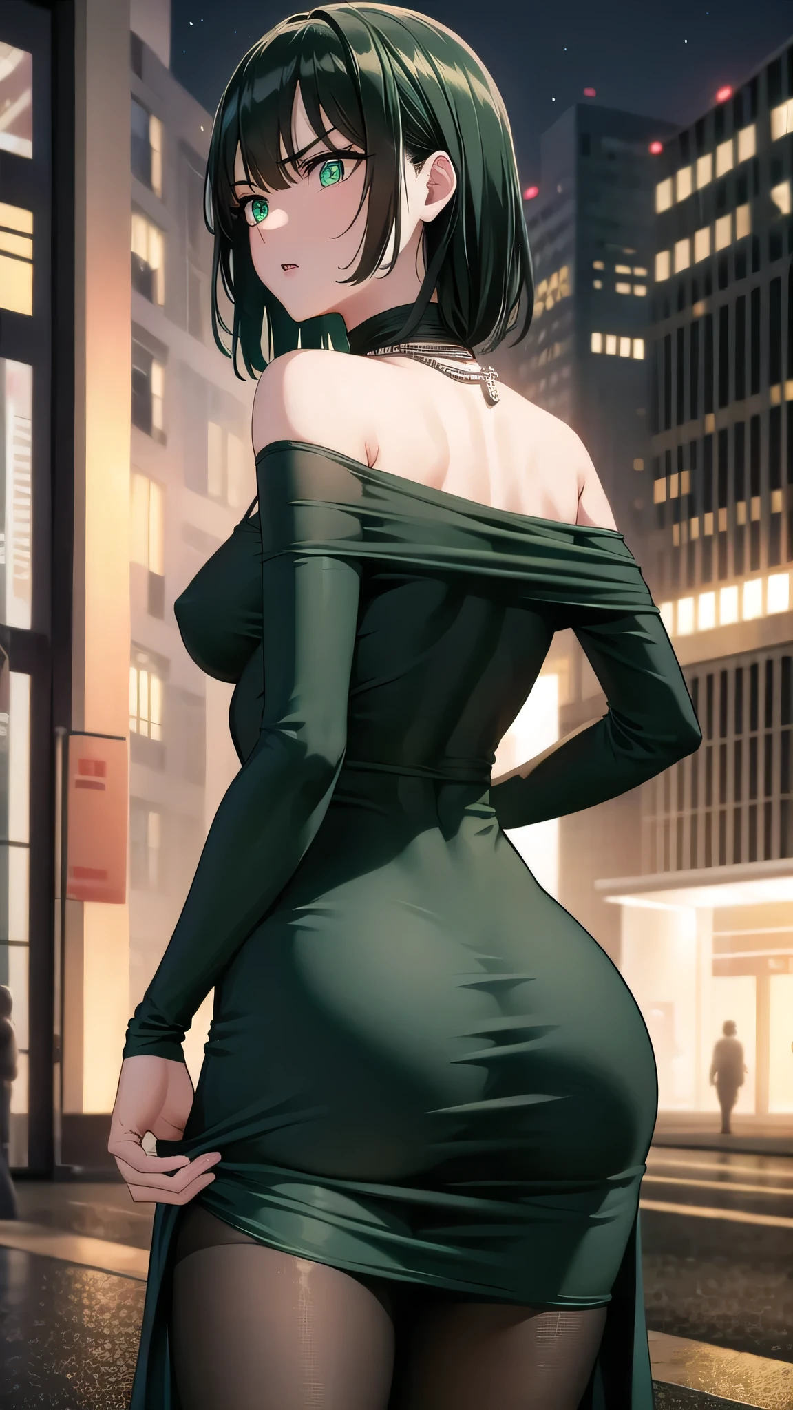 BREAK (masterpiece:1.2), best quality, high resolution, unity 8k wallpaper, (illustration:0.8), (beautiful detailed eyes:1.6), extremely detailed face, perfect lighting, extremely detailed CG, (perfect hands, perfect anatomy),city,street,wet road,reflections, buildings,night,fubuki, black hair, (green eyes:1.5), short hair,black dress, dress, fur coat, high collar, jewelry, necklace, off shoulder, taut clothes, taut dress, pantyhose,angry face, neckline,cleavege,nipples see through,from behind, ass view.