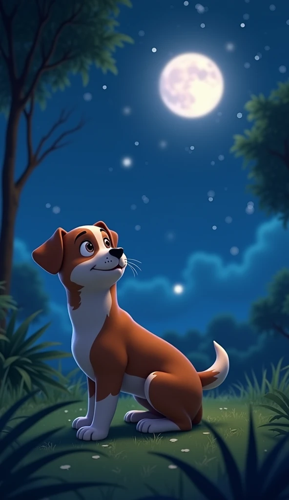 Cartoon character of a cute  dog sitting with his friends, gazing up at a star-filled sky, look at the twinkling stars and the glowing moon, The scene should feel peaceful and beautiful, with the colorful nuances of the jungle still visible in the night, um personagem animado, Caractere estilizado, animation style rendering, 3D estilizado, Arnold Maya render, 3 d render stylized, toon render keyshot, Personagem 3D, Personagem 3D, 3d rendering stylized, 3d character render, personagem de desenho animado, Personagem de close up, Pose de personagem, (Estilo Pixar) (master part:1.2) (Bokeh) (best quality) (pele detalhada) (textura detalhada) (8k) (argila) (Cinematic lighting) (foco nítido，Senta e vaza a parte superior do corpo