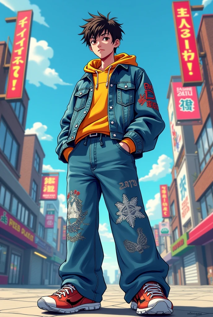 Street style, men's wide denim anime