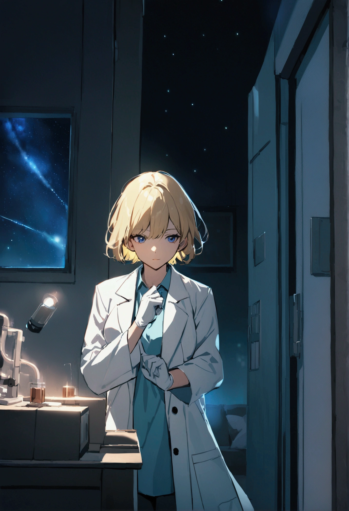 Living room background, night time, Lab coat, surgical gloves, short hair, 1woman, blond hair, shining hair, 