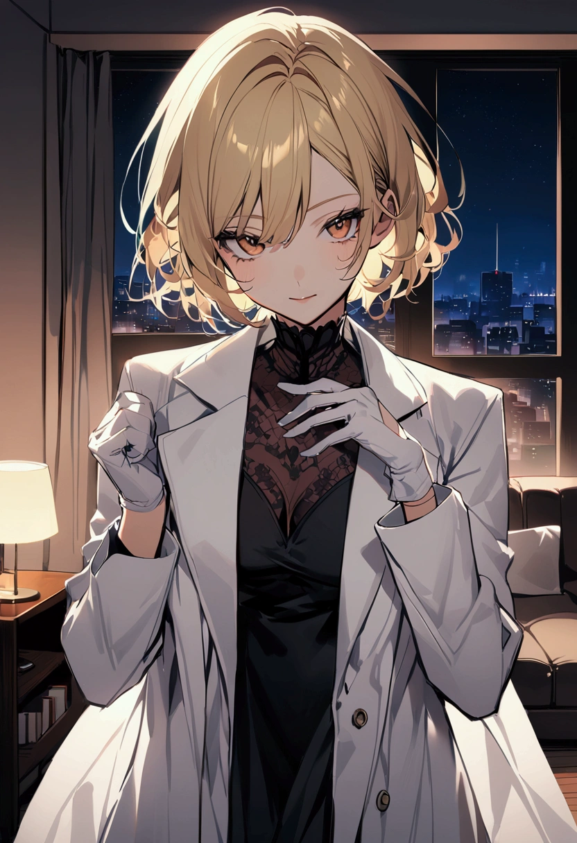 Living room background, night time, Lab coat, surgical gloves, short hair, 1woman, blond hair, shining hair,