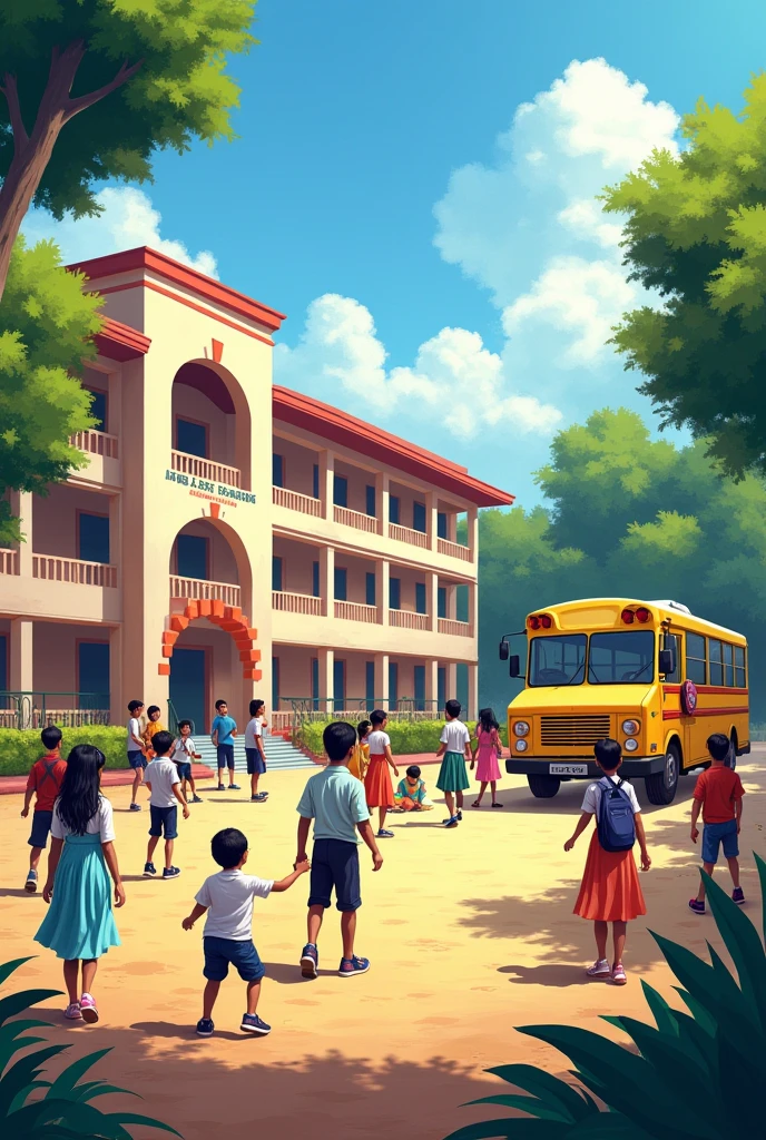 create the portrait of an Indian school and their students.  Some students are having fun in their playground and some are gathered to talk. A school bus is standing beside the school