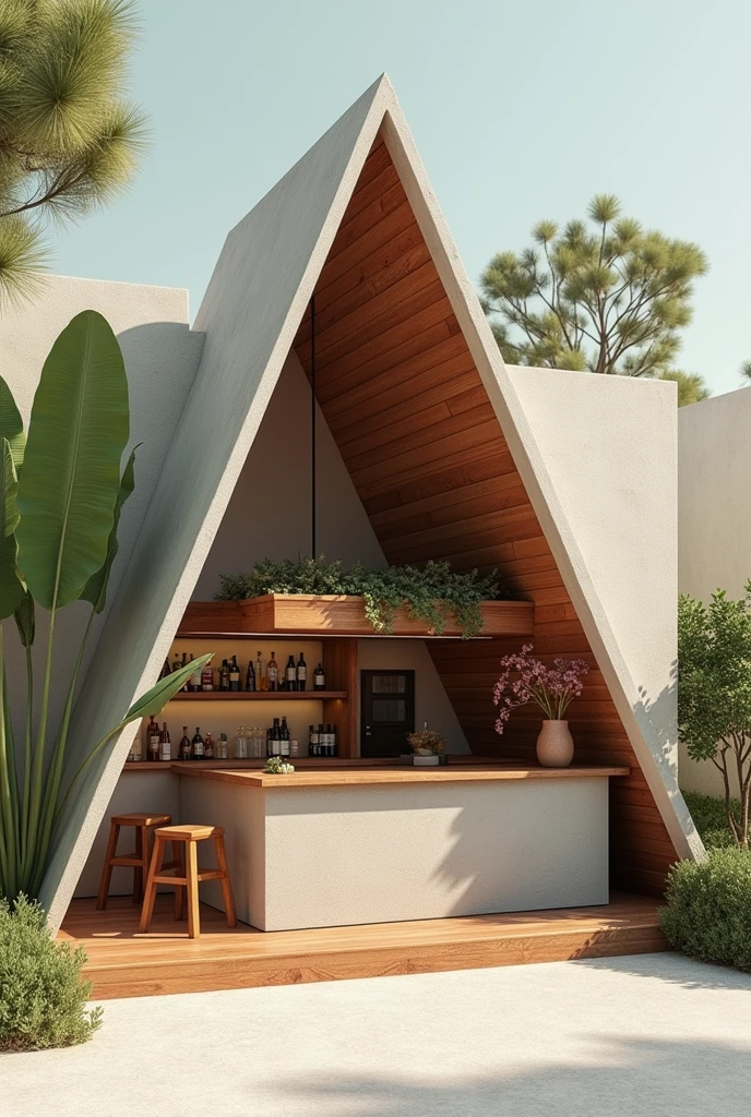 You create me a mini bar of the Italian restaurant, remember it's made of concrete, Hardwood roof and clay tiles, I want something eco-friendly but cute, It is a triangle and square portico