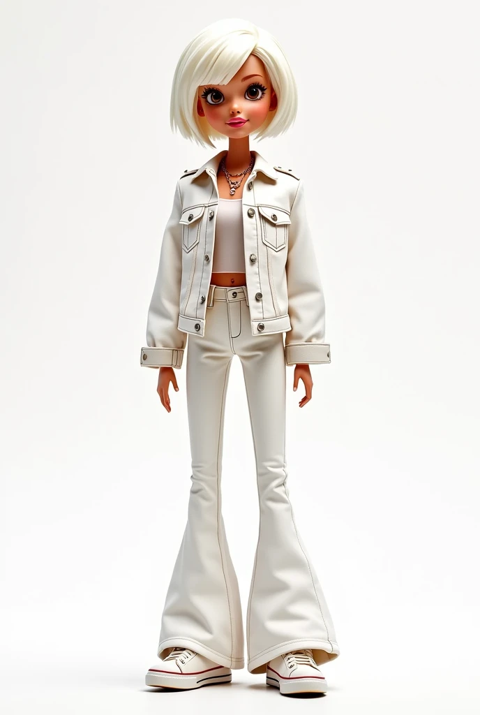 Cartoon Barbie with white hair ,short ,brown eyes dressed in high-waisted white bell-bottom jeans and a white jeans jacket with white chains ,white tennis shoes