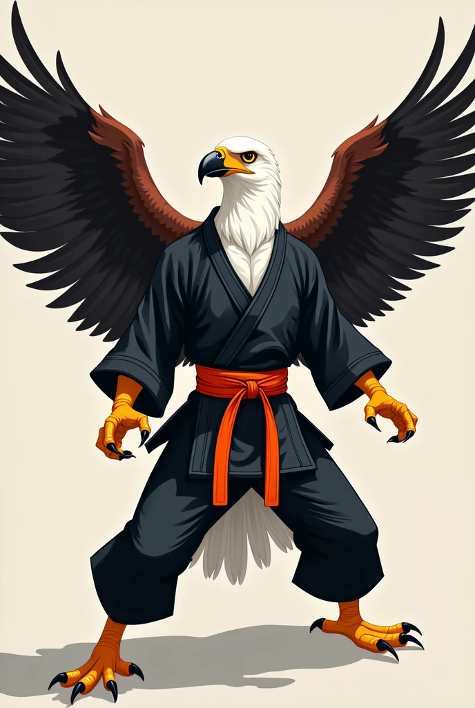 Eagle wears a black martial arts uniform with an orange belt