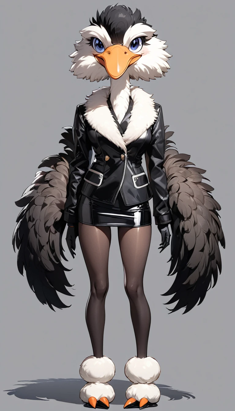 (masterpiece, best quality:1.2), 1 girl, solo, full body, (anthropomorphic Ostrich, furry, kemono:1.1), Black Leather made from ostrich Jacket and mini skirt, stylish, simple background