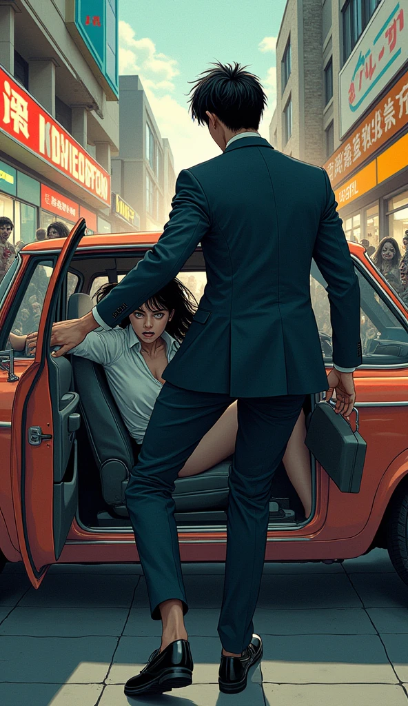 ((A man with short hair)),In the mall,Black Hair,Suits,((Cold expression)),Japanese comic style,Stand in the car,Push the black-haired woman out of the car,There are zombies chasing