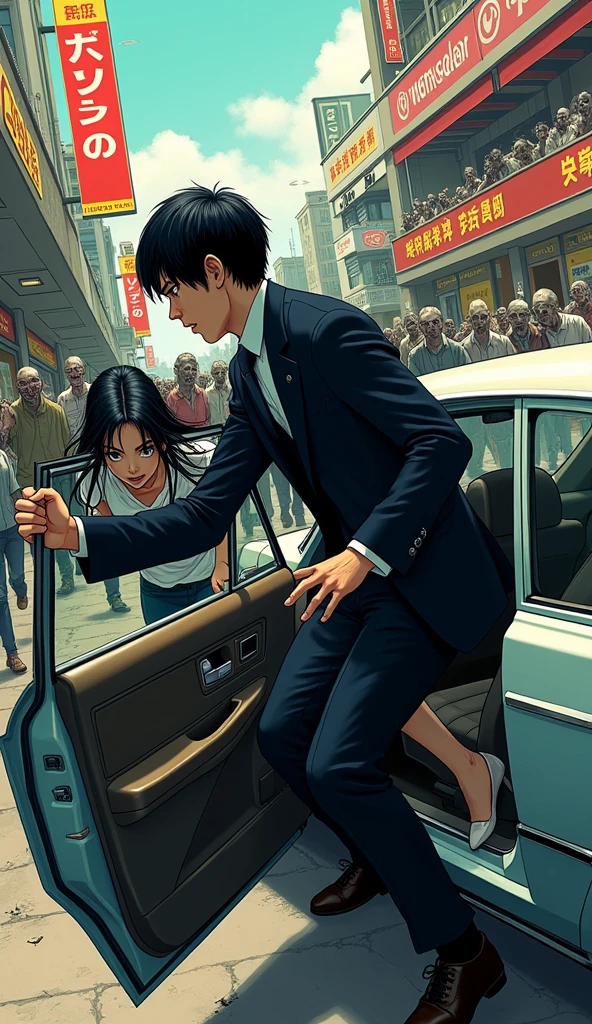 ((A man with short hair))，In the mall，Black Hair，Suits，((Cold expression))，Japanese comic style，Stand in the car，Push the black-haired woman out of the car，There are zombies chasing
