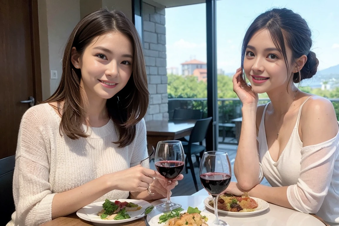 (Realistic:1.1),(masterpiece,Highest quality),8k,(49 years old), 53 years old, ベリーslimボディ、slimカップル、Tight waist,Upper Body,full-course dinner、wine 、Amazing view of the sunset sky and clouds、Perfect Anatomy, Brown Hair, short hair,Random Hairstyles,((Highly detailed face and eyes:1.2)),Perfect golden ratio face,Long sleeve shirt、dress,(smile:1.2)、Shortcuts、cute、(Realistic, Intricate details:1.2), A bright smile、short hair,Bright Face、赤wine 、Appetizers、Italian food、wine bottle、Champagne、スパークリングwine、(slimな顔), (The body is slim), (Brown Hair), (Shortcuts), Upper Body, 白wine, slim, wineグラス,