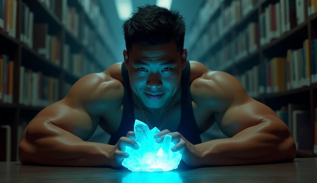 best quality, masterpiece, extremely detailed, masculine, 25 year old muscular bodybuilder filipino man, wearing glasses, round face with chubby cheeks, (muscular bodybuilder), very cheeky smile, fitted clothes, glowing quartz crystal pendant, bends forward and leaning elbows on a table, in library, afterhours, lights off, at midnight, cinematic shadows, dreamy atmosphere, perfect face, perfect hands, perfection