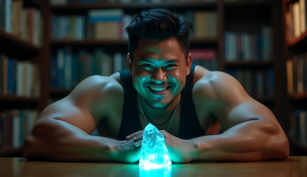 best quality, masterpiece, extremely detailed, masculine, 25 year old muscular bodybuilder filipino man, wearing glasses, round face with chubby cheeks, (muscular bodybuilder), very cheeky smile, fitted clothes, glowing quartz crystal pendant, bends forward and leaning elbows on a table, in library, afterhours, lights off, at midnight, cinematic shadows, dreamy atmosphere, perfect face, perfect hands, perfection