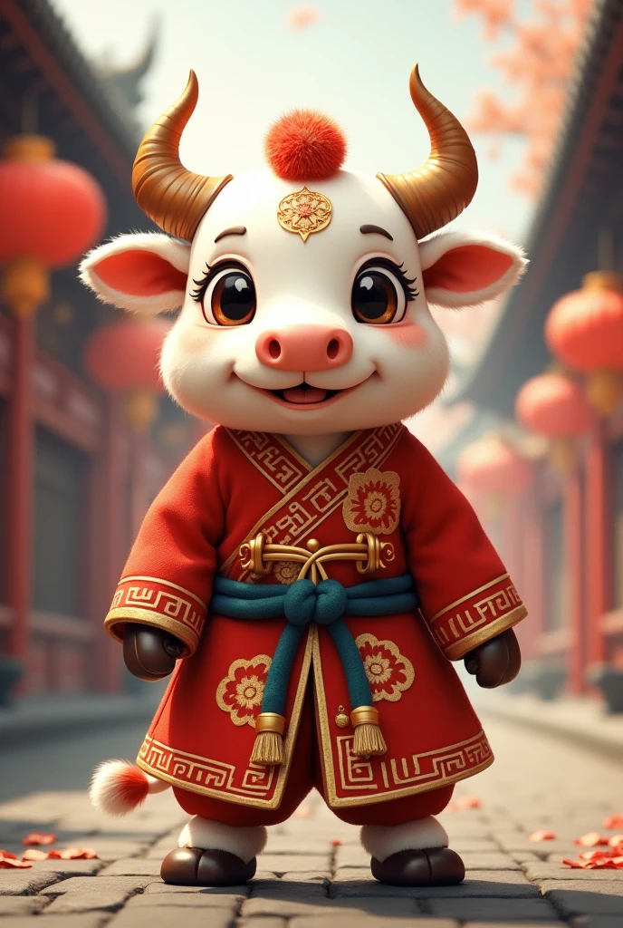 (masterpiece), (Highest quality), (High resolution), Large official art, Unity 8k wallpaper, Super detailed, Chinese Zodiac Ox Fluffy Ox, ,Big eyes, Wearing festive attire, Standing on the roadside, Ancient style, SNES Paintings