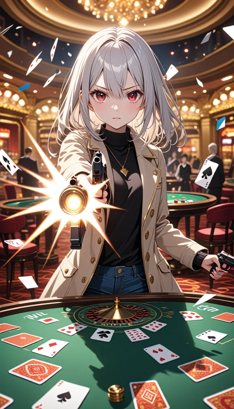 1girl, 15 years old, slim, small breasts, white hair, hairs between eyes, shoulder length hair, pale skin, bright red eye, white duffle coat, open coat, black sweater, turtlenecks, long sleeves, jeans, gold pocket watches hanging from the neck,
detailed face, smooth skin, shiny skin, kawaii,
BREAK
angry, holding weapon, holding gun, handgun, aiming at viewer, muzzle flash,
casino, fell table, casino card table, (scattered cards:1.8), smog,
BREAK
cinematic lighting, volumetric shadow,
BREAK
source_anime, game CG, score_9, score_8_up, score_7_up, (masterpiece:1.2), (best quality:1.2), (very aesthetic:1.2), (absurdres:1.2), (detailed background), newest, (intricate:1.2), ai-generated,