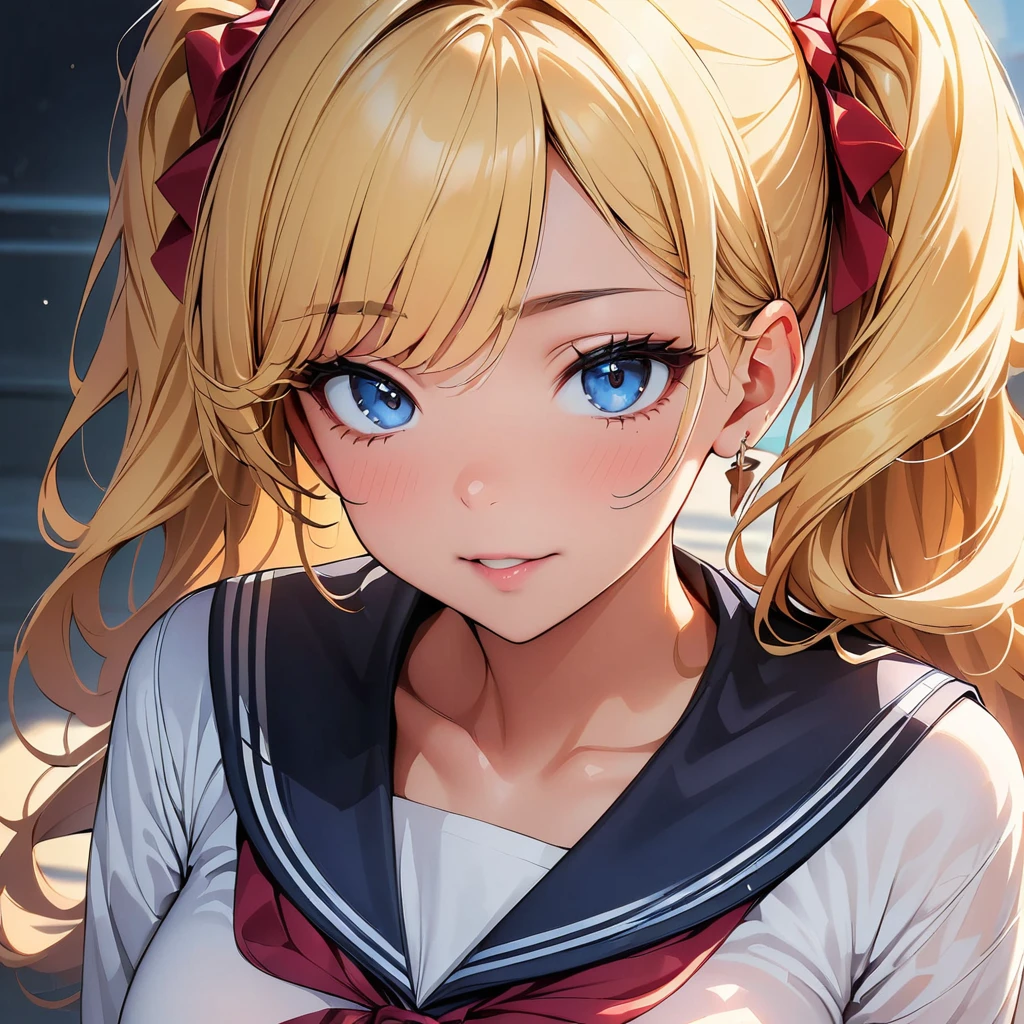(highest quality, 4k, masterpiece :1.3), Beautiful woman, 1 girl, (chest, attractive body :1.2), JK:1.1, blonde twintails: 1.1, sailor suit, super detailed face, lip details, fine eyes, double eyelid