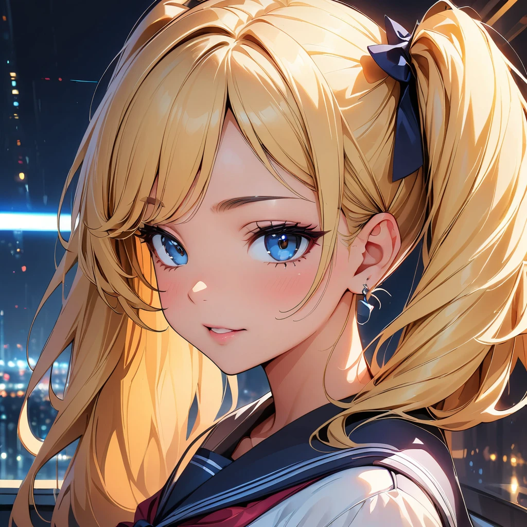 (highest quality, 4k, masterpiece :1.3), Beautiful woman, 1 girl, (chest, attractive body :1.2), JK:1.1, blonde twintails: 1.1, sailor suit, super detailed face, lip details, fine eyes, double eyelid