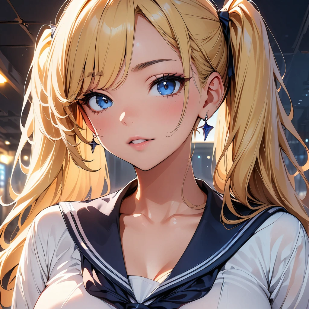 (highest quality, 4k, masterpiece :1.3), Beautiful woman, 1 girl, (chest, attractive body :1.2), JK:1.1, blonde twintails: 1.1, sailor suit, super detailed face, lip details, fine eyes, double eyelid