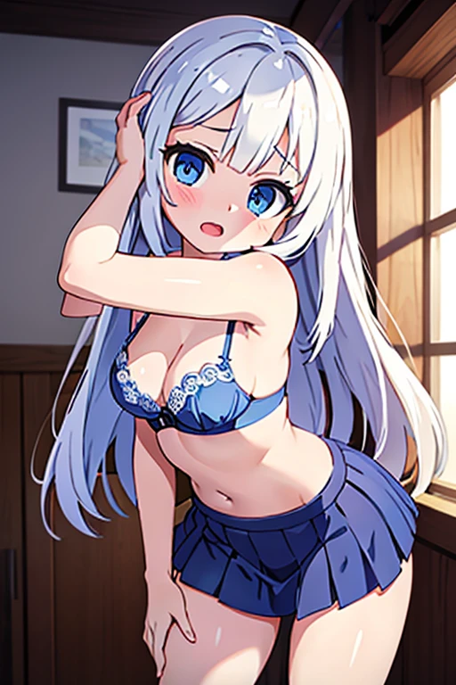 (very short mini skirt), silver hair, long straight hair, blue eyes, little clothing, exposed skin, bra, navel, ((cute innocent face, open mouth, allure)), [[playful]]], [[[bedroom]]], front-view, [[Leaning forwards]], head down, butt up, arched back, provocative position, cleavage, sexy, arousing, realistic, ((perfect symmetrical body)), (slim hip), soft light, dawn light)), bloom, 1girl, super model body, very slim body, thin, super model body, ultra-detailed CG, 8k, high detailed, realistic, solo, intricate details), show thighs