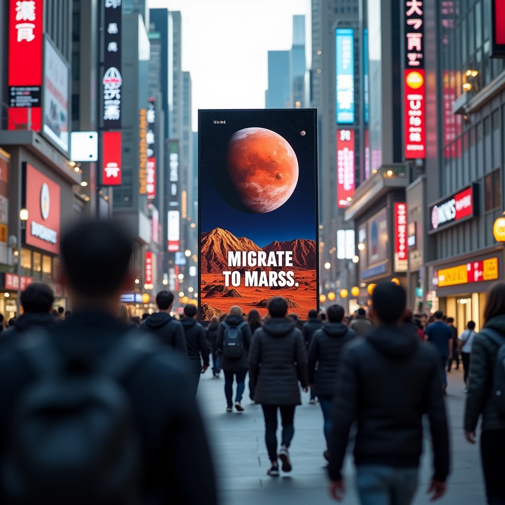 The streets of Tokyo, where people come and go. A commercial encouraging people to migrate to Mars runs on a monitor display.