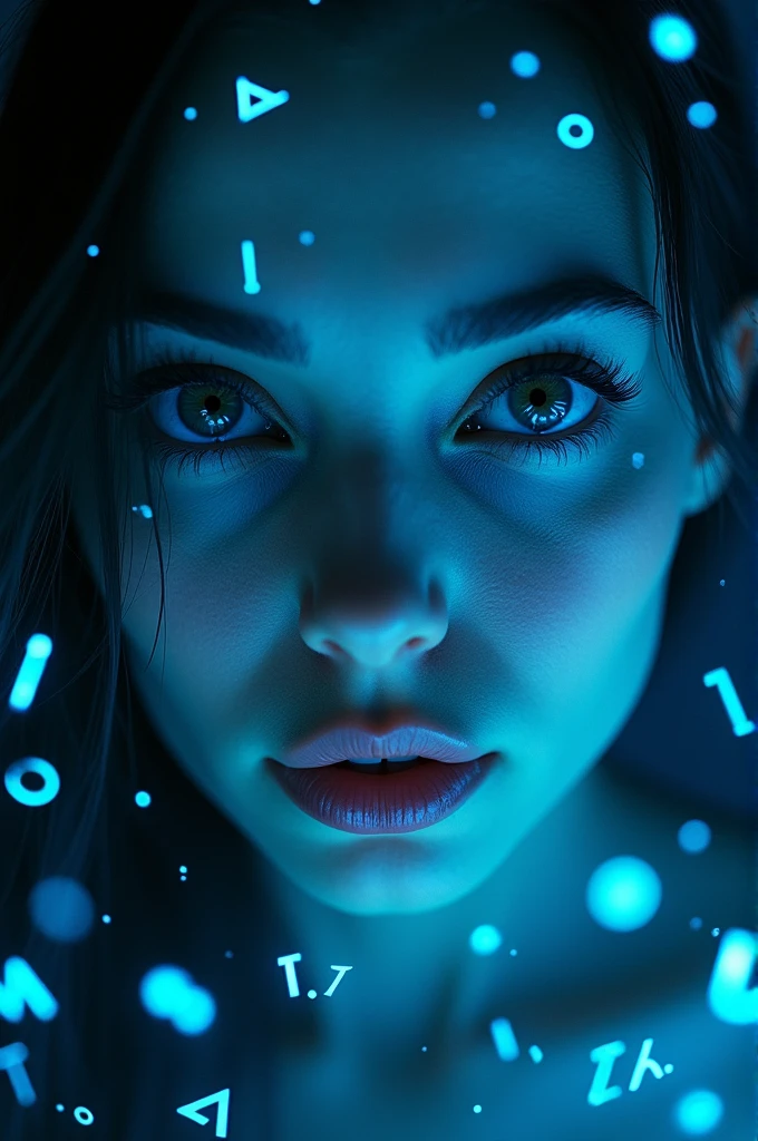 Close-up of woman's face, glowing blue holographic formulas flying around. Intense gaze, realistic features. Dark background, cyberpunk aesthetic. Luminous mathematical formulas, handwritten style. Futuristic, high-tech atmosphere. Photorealistic rendering, dramatic lighting, sharp contrast