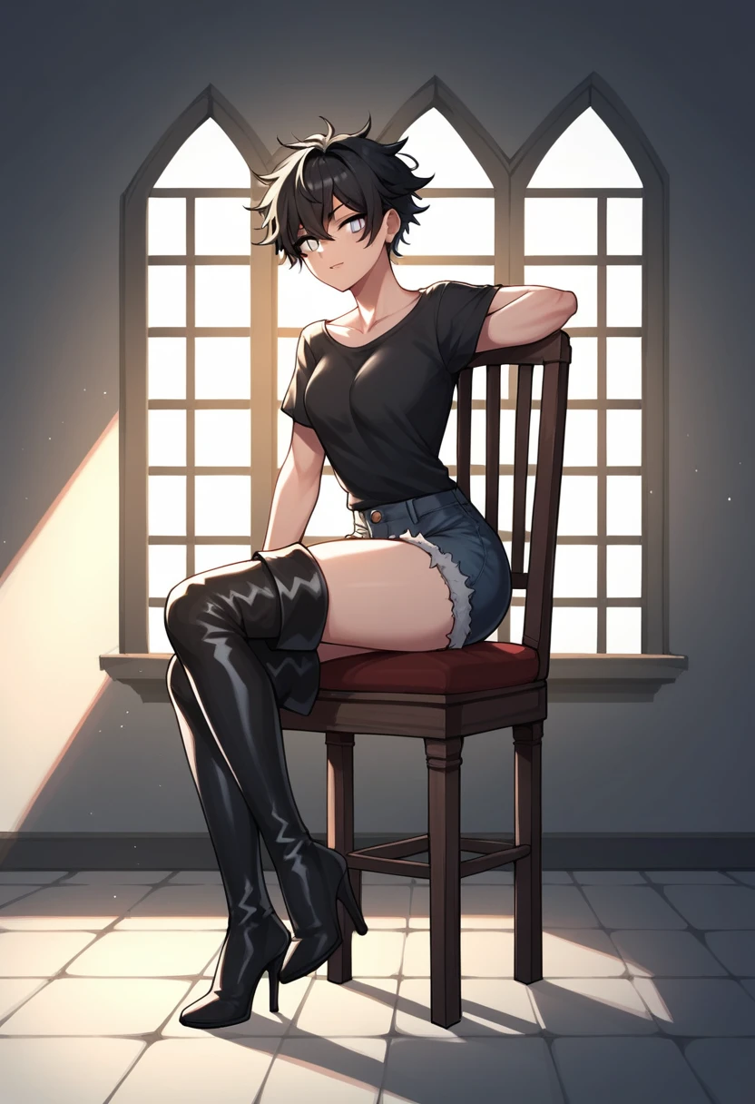 score_9, score_8_up, score_7_up, score_6_up, score_5_up, score_4_up, source_anime, 1guy, sit, chair, black hair, short hair, white eyes, messy hair, black shirt, shorts, thigh high boots, heels, dungeon, best quality, best res, 4K UHD,