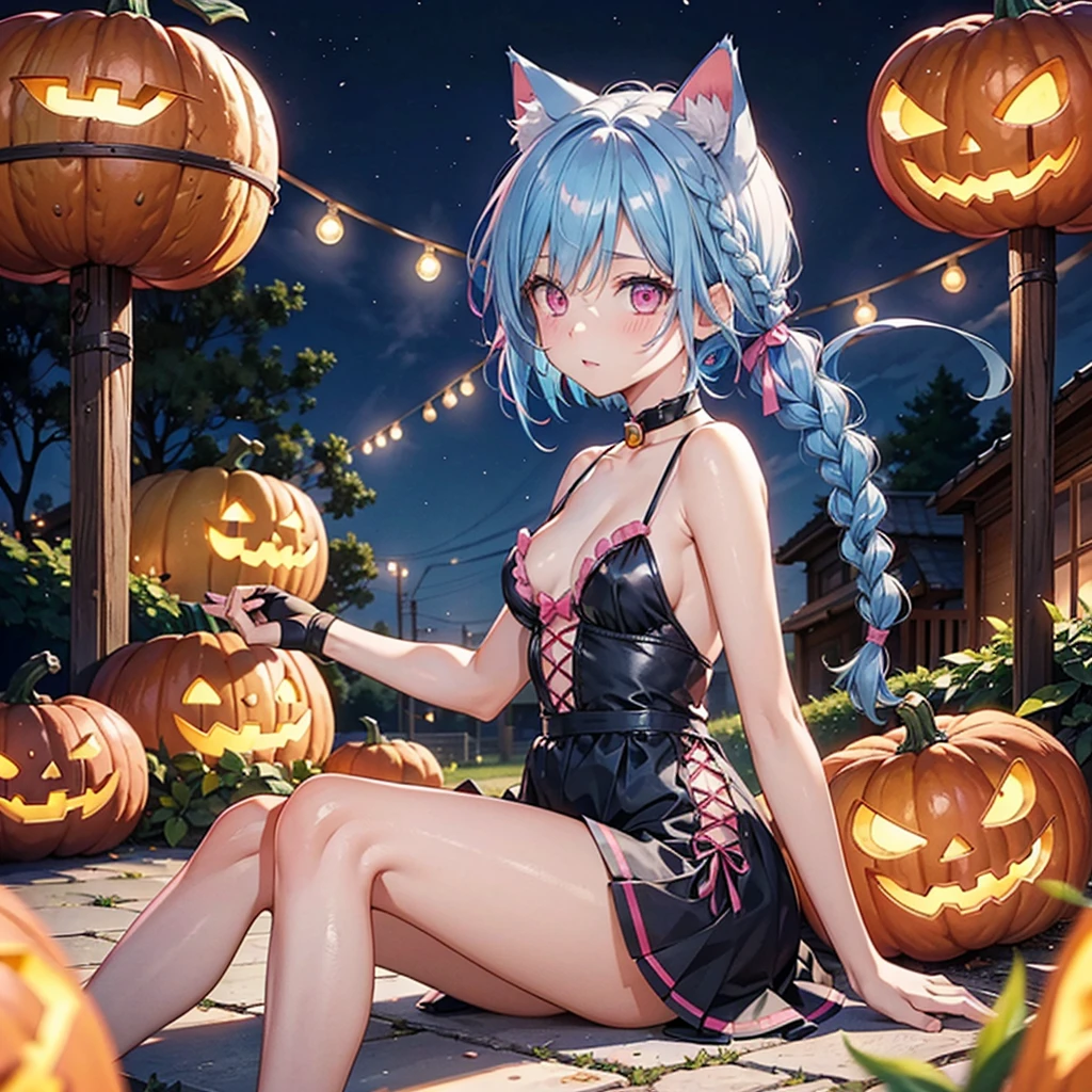 (Sky blue hair),(Braided short hair), (Pink Eyes),Fair skin) ,(whole body),(One Girl),(There are lots of pumpkin ghosts in the background),Cat ear,Cat's Tail,(Sailor suit),(Bruises and ugly faces),(Fall into Darkness),If you don't give me sweets, I'll play a prank on you.),(Halloween Night Party),(masterpiece, Highest quality, Very detailed, Best Shadow), (Detailed Background), (Beautifully detailed face), High Contrast, (Best lighting, Very delicate and beautiful), ((Cinematic Light)), Hyper Detail,8k, Dramatic Light, Intricate details,night,(Bats flying in the background),High quality