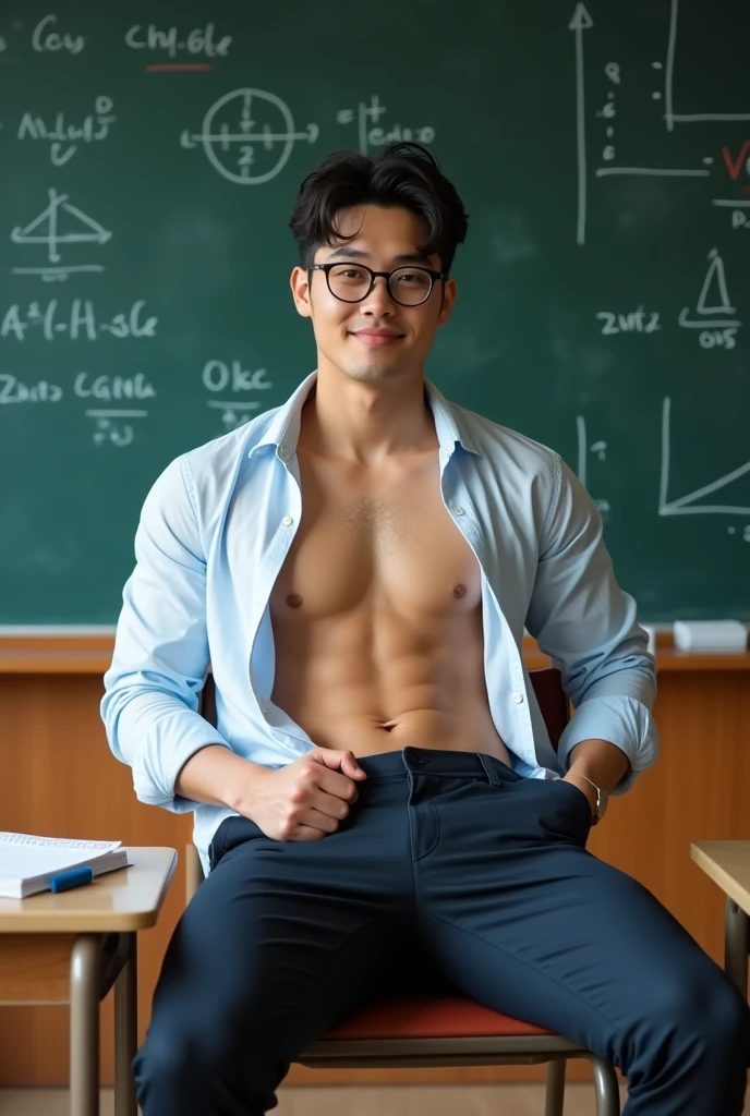 Chinese-korean Idol man ,(hot,sexy,attractive:1.2),hunky male professor with hairy muscles,button-up shirt torn open,suit pants,full,thick,wear shirt, open chest shirt, showing off body, toned abs and full chest,big dick,pubic hairs, clean-shaven with neatly cut,sitting on classroom desk,confident gaze,classroom setting,blackboard with equations and formulas,Legs wide open, hand touching crotch,vibrant chalk colors,academic books and papers scattered on desk,messy hair,dedicated to teaching,lewd smile,lots of student attention,dreamy atmosphere,serious yet approachable vibe,HDR,ultra-detailed,physically-based rendering,sharp focus,vivid colors,wear glasses,six pack ,sexy poses,, push groin up