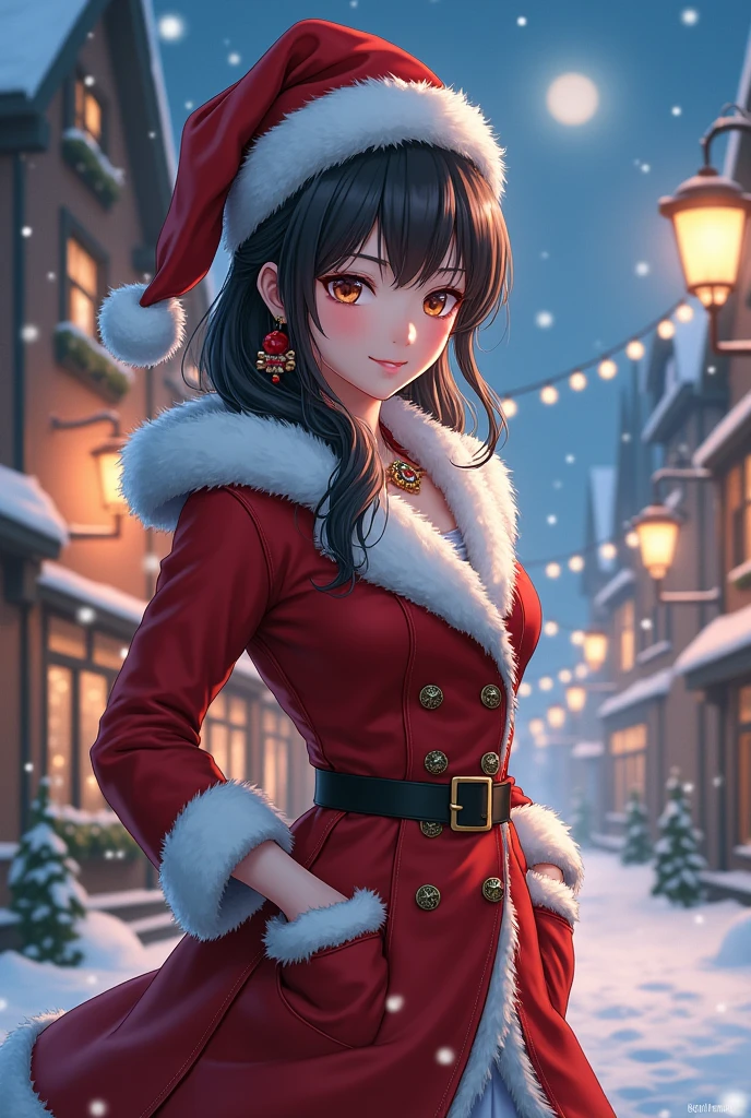 a 25 years old japanese girl, detailed cutie face, Beautiful, evenly balanced, detailed eyes, detailed dropped eyes, beautiful charming smile, extremely detailed face,slender body,short hair,anime style, (Santa Claus costume:2.0),snowly night town