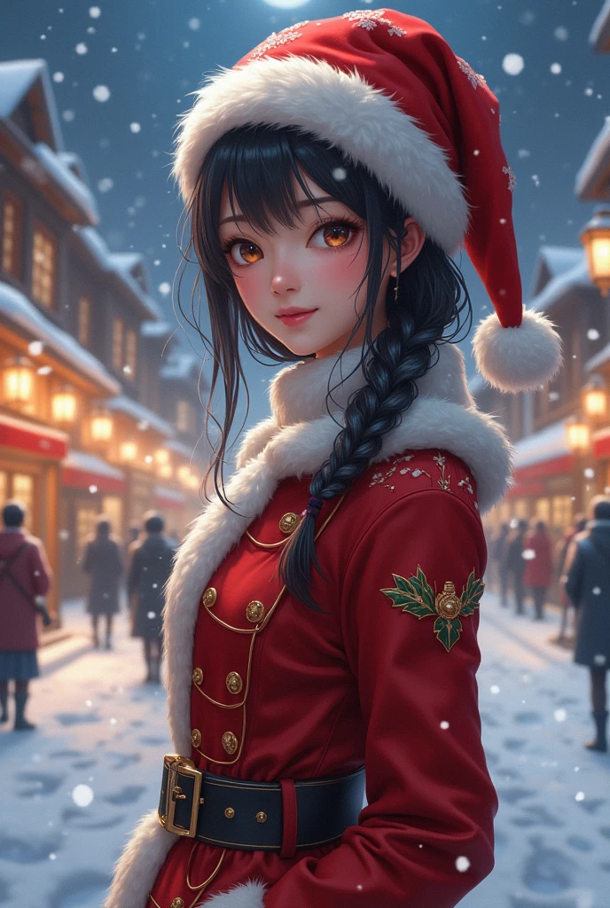a 25 years old japanese girl, detailed cutie face, Beautiful, evenly balanced, detailed eyes, detailed dropped eyes, beautiful charming smile, extremely detailed face,slender body,short hair,anime style, (Santa Claus costume:2.0),snowly night town